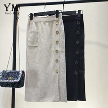 YuooMuoo, черная вязаная юбка с боковыми пуговицами, осень, женская элегантная юбка средней длины с разрезом, высокой талией и карманами, Женская юбка
