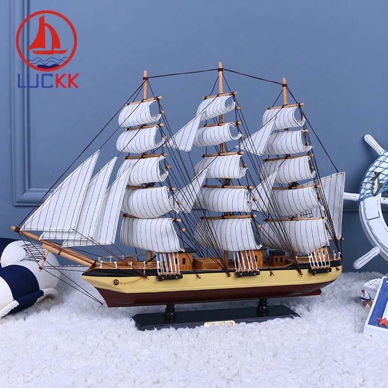 

LUCKK 60CM Wooden Sailing Model Miniature Ships Dark Red Button Home Interior Decoration Accessories Wood Crafts Sea Style Toys