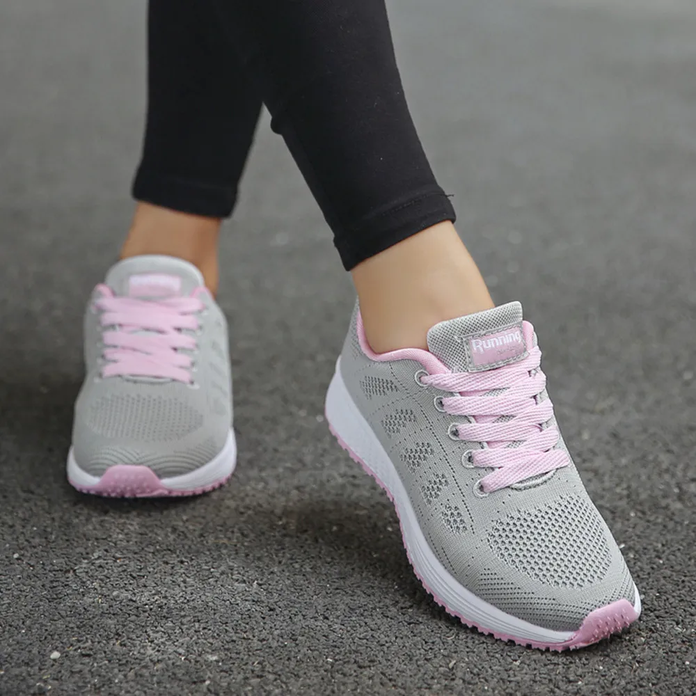 Sneakers Women Sport Shoes Lace-Up Beginner Rubber Fashion Mesh Round Cross Straps Flat Sneakers Running Shoes Casual Shoes