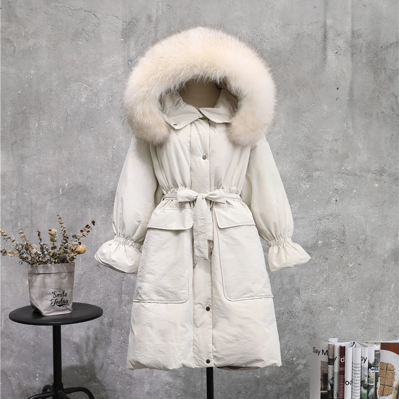 

White Duck Down Fur Collar Hooded Jacket For Women Cold Winter Warm Big Pocket Puff Sleeve Parka Female Natural Fur Thicken Coat