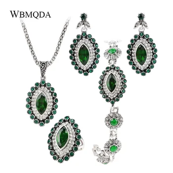 

4 Pcs/lot 2018 Vintage Turkish Jewelry Sets Tibetan Silver Green Stone Crystal Necklace Earrings Bracelet Ring For Women