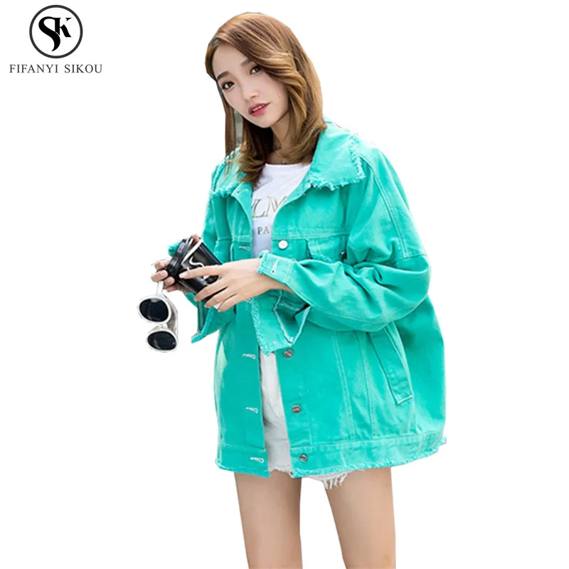 

Harajuku Fashion Candy colors Coat women 2018 Spring New Printing Denim jacket Female Loose Plus size jeans jacket women LGP590