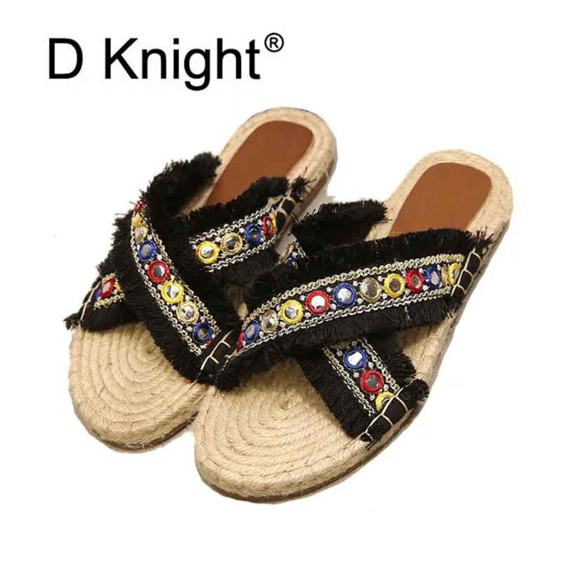 

Fashion Women Home Slippers Outdoor Female Hemp Shoes Cross Strap Fisherman Slides For Summer Women Flat Shoes Resort Sandals