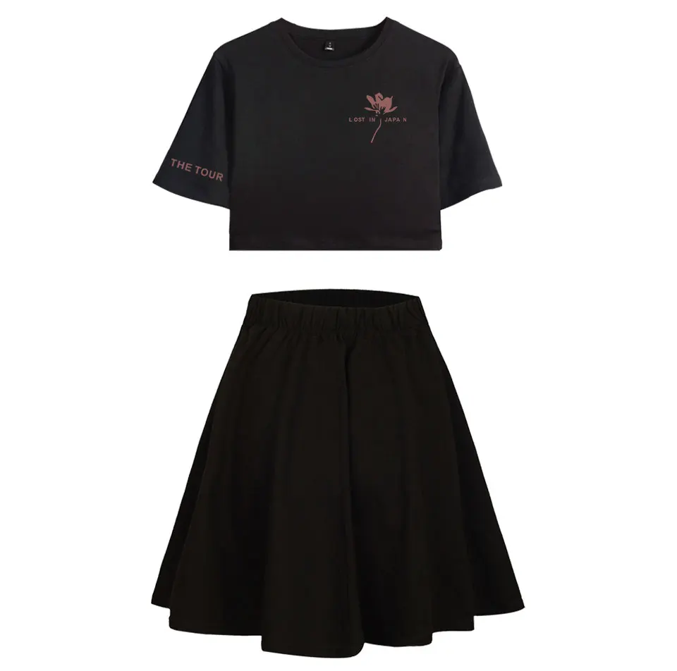 Шон Мендес квадратных короткая юбка костюм футболка с короткими рукавами и короткие костюм из двух частей Kpop девушка Повседневное стиль наборы плюс Размеры