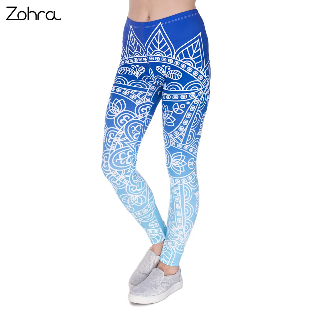 Zohra Hohe Qualität Frauen Legins Mandala Ombre Blau Druck Legging Mode Lässig Hohe Taille Frau Leggings