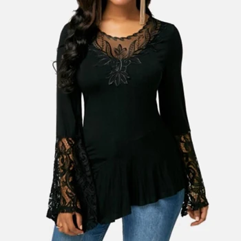 

Lace Patchwork Irregular Flare Sleeve Women's Blouses Embroidered Hollow Out O-neck Top Plus Size 2019 Autumn Sexy Ladies Shirts
