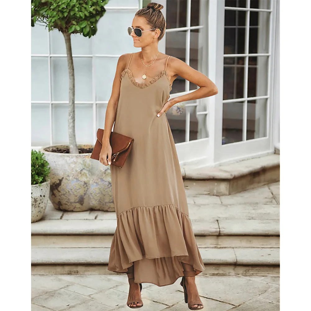 

Bohemian Boho Maxi Woman Dress Casual Vintage Beach Dresses Pure Color Loose Spaghetti Strap Party Vestido