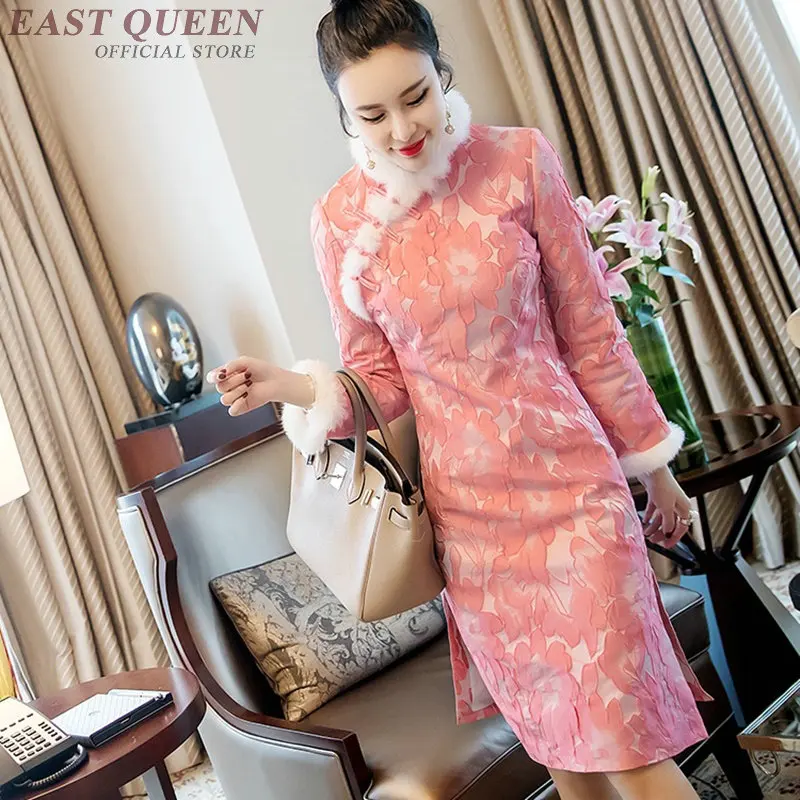 Толстые зимние женские традиционный cheongsam qipao платье Полный рукавом Туника Тонкий вышитый принт oriental cheongsam женщины AA3177 F