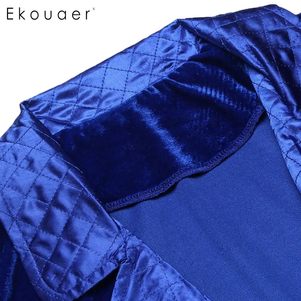 Ekouaer Women New Winter Robes Bathrobes Casual Turn Down Collar Long Sleeve Patchwork Pocket Velvet Robe with Belt Nightwear