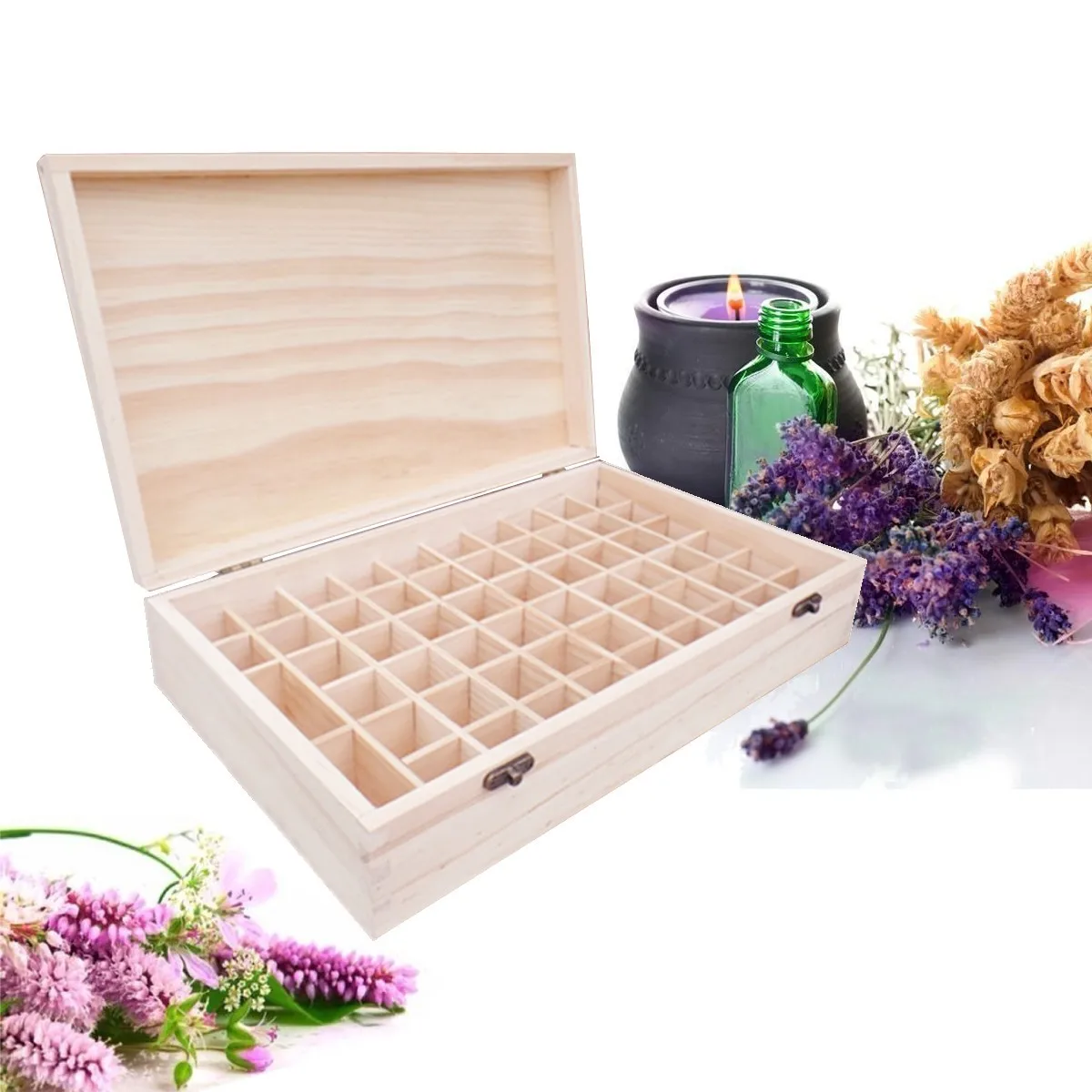 Wooden Essential Oils Storage Box 58 Holes Aromatherapy Natural Pine Wood Handmade Without Paint Accessories