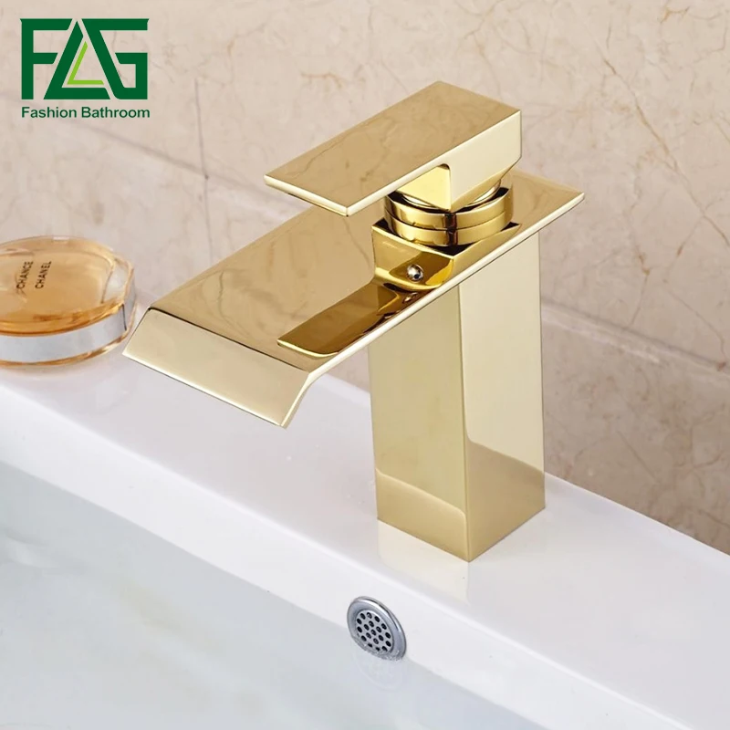 Contemporary bathroom Gold faucet soild copper waterfall faucets single