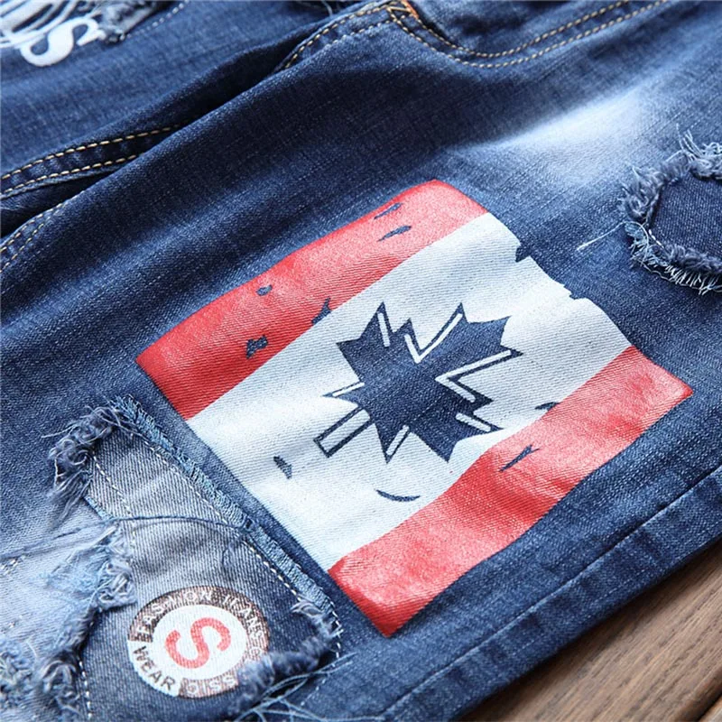 Mcikkny New Fashion Men Ripped Denim Jeans With Patchwork Slim Fit Male Straight Hole Cotton Jeans Pants Biker Casual Trousers 