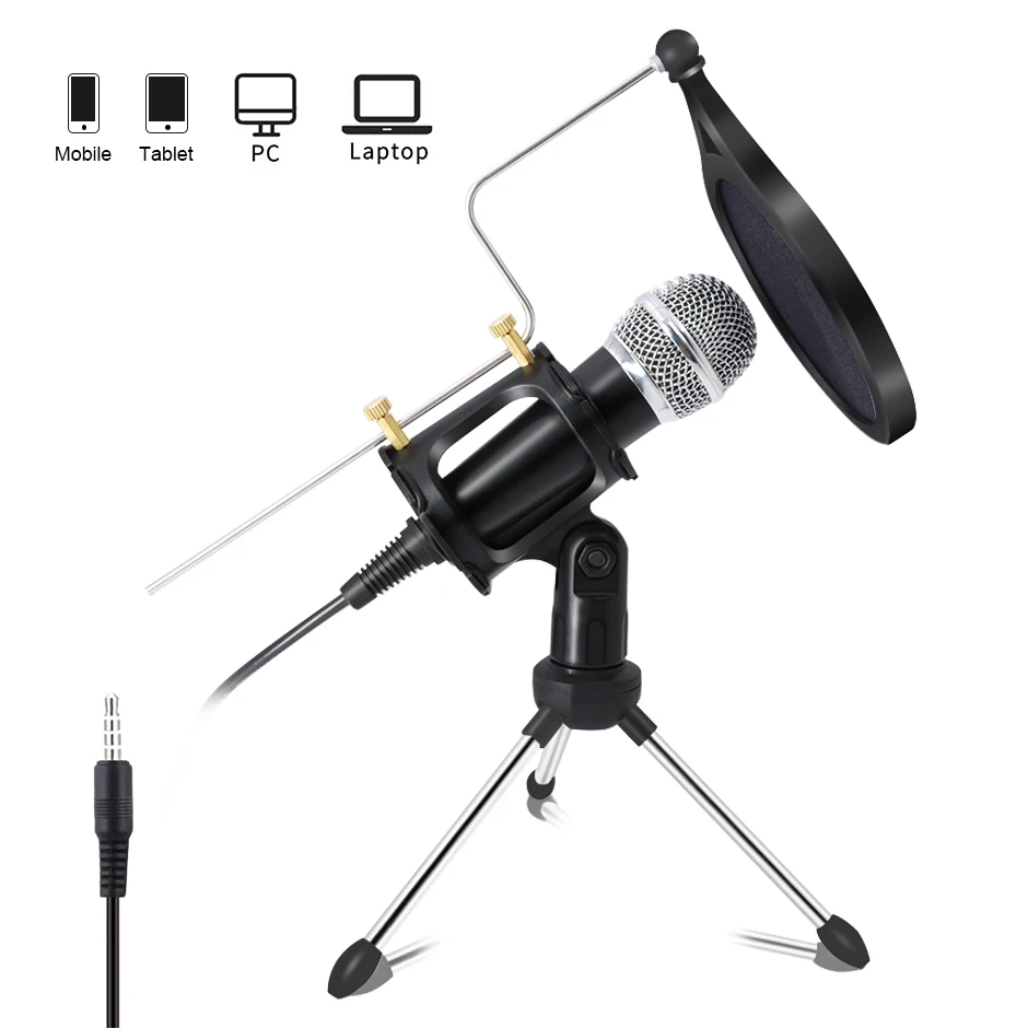 En Ligne Lefon Micro À Condensateur pour Ordinateur PC + Support pour Téléphone Portable Android 3.5mm Jack Microphone Karaoké micro Record
