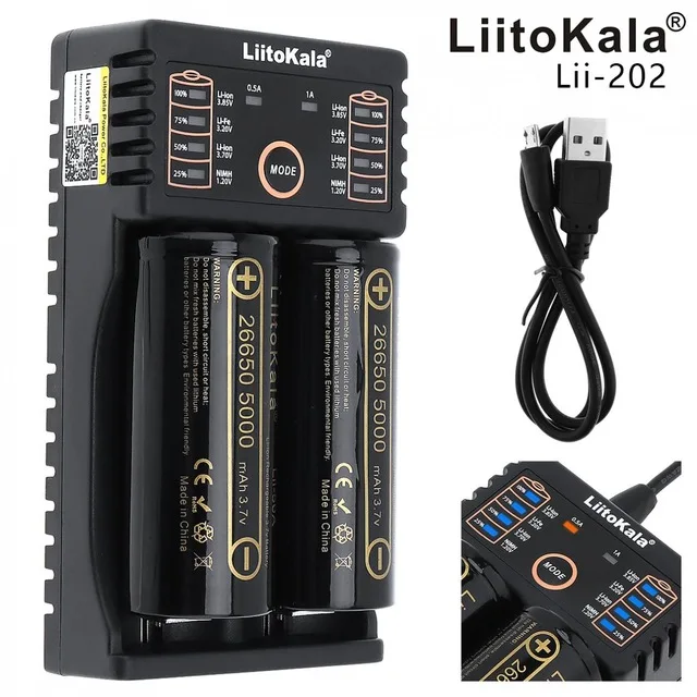 LiitoKala Lii-202 зарядное устройство 2 шт HK LiitoKala Lii-50A 26650 5000mah аккумуляторная батарея для фонарика, 40-50A разряда - Цвет: Золотой