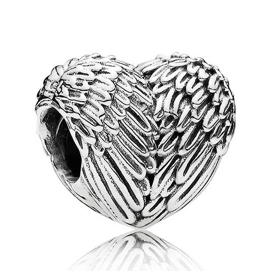 

Authentic 925 Sterling Silver Love Heart Angelic Feathers Charm Bead Fit Pandora Bracelet Bangle For Women DIY Jewelry Making