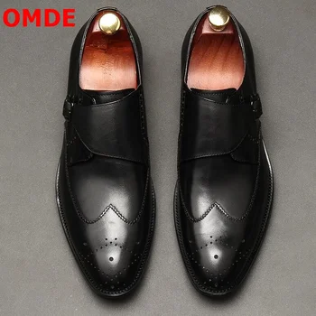 

OMDE British Style Brogue Carving Genuine Leather Formal Shoes Men Loafers Office Shoes With Buckles Slip On Mens Dress Shoes