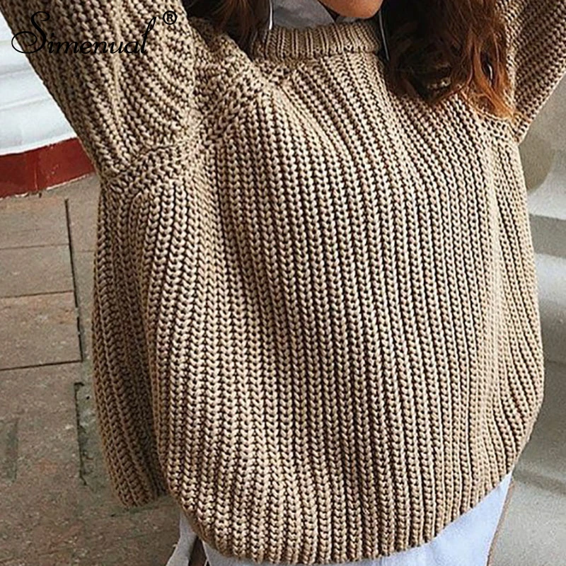 Simenual Casual Fashion Knitted Sweater Women Autumn Winter Pullovers Jumpers Solid Basic Long Sleeve Slim Khaki Sweaters