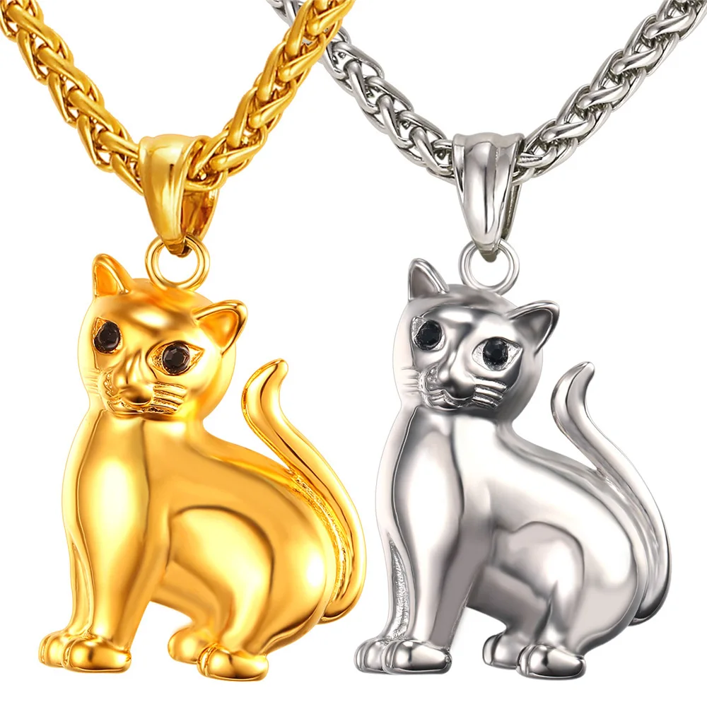 Gold Color Lovely Cat Pendant Necklace For Women Stainless Steel Lucky