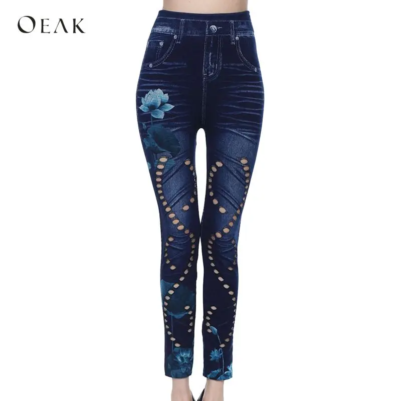 OEAK 2018 для женщин Высокая талия обтягивающие джинсы ретро цветочный принт узкие брюки женские пикантные выдалбливают мотобрюки стрейч