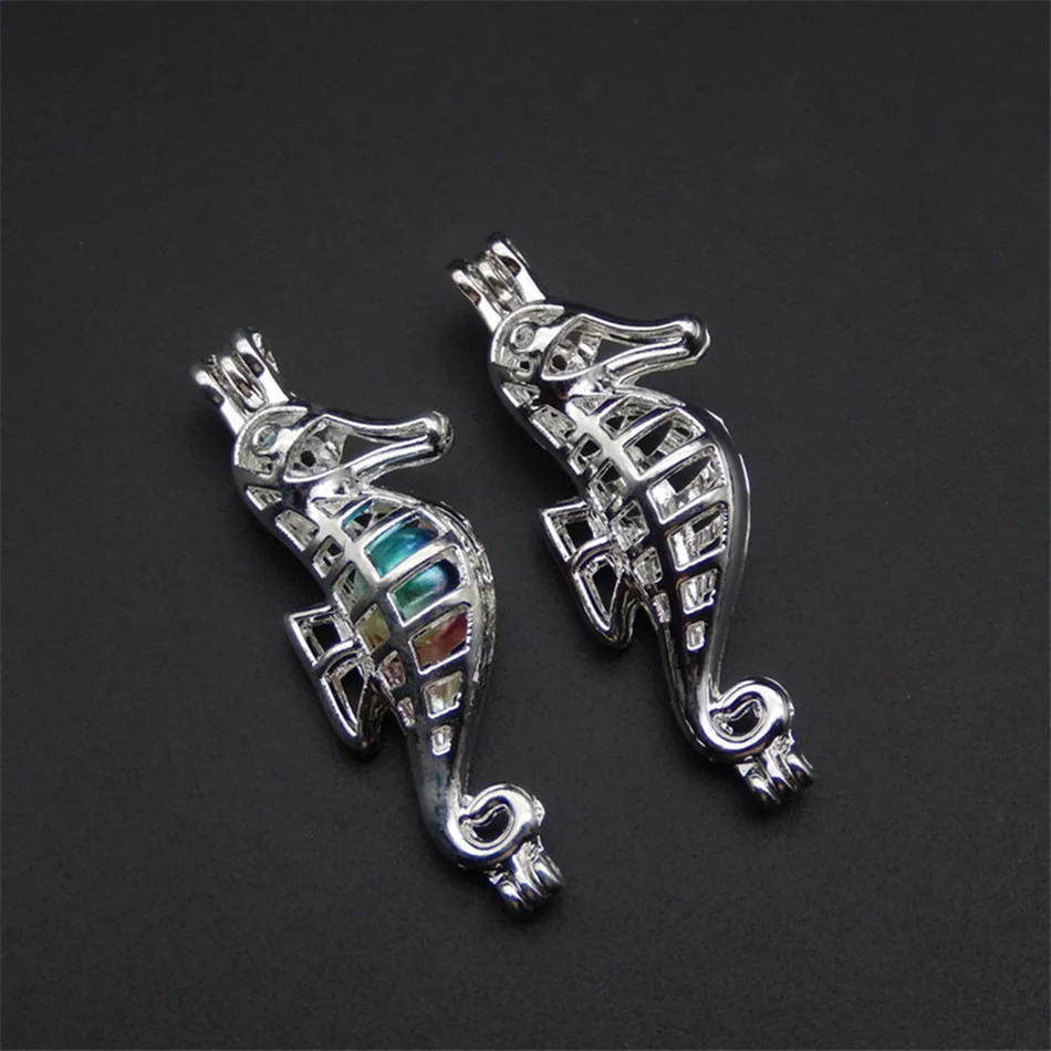 

10pcs bright silver seahorse pearl cage necklace pendant, aroma oil diffuser adds your own pearl to make it more attractive.