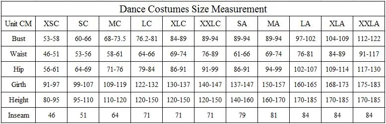 dance costume size chart 2017