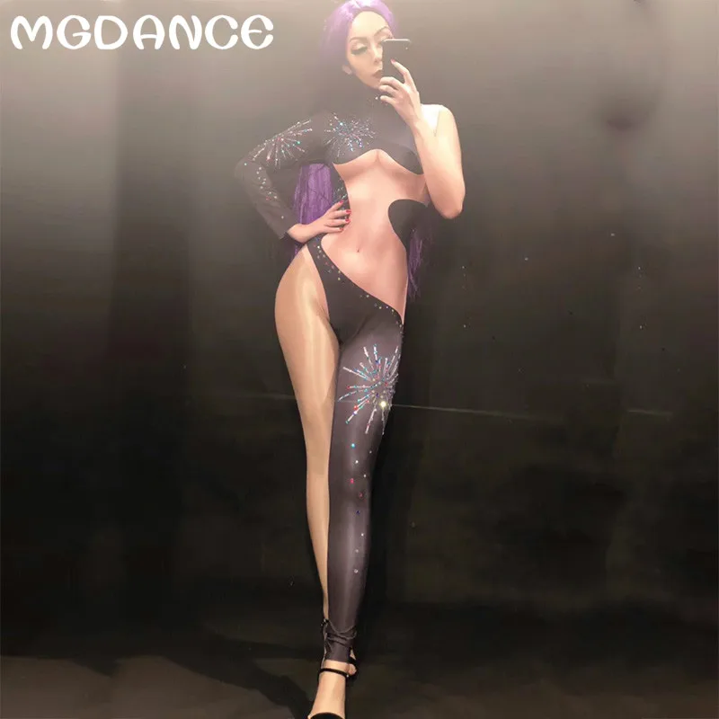 Горячие сексуальные костюмы женский комбинезон Цвет сверкающие кристаллы один рукав брюки ноги сцена для ночного клуба одежда боди