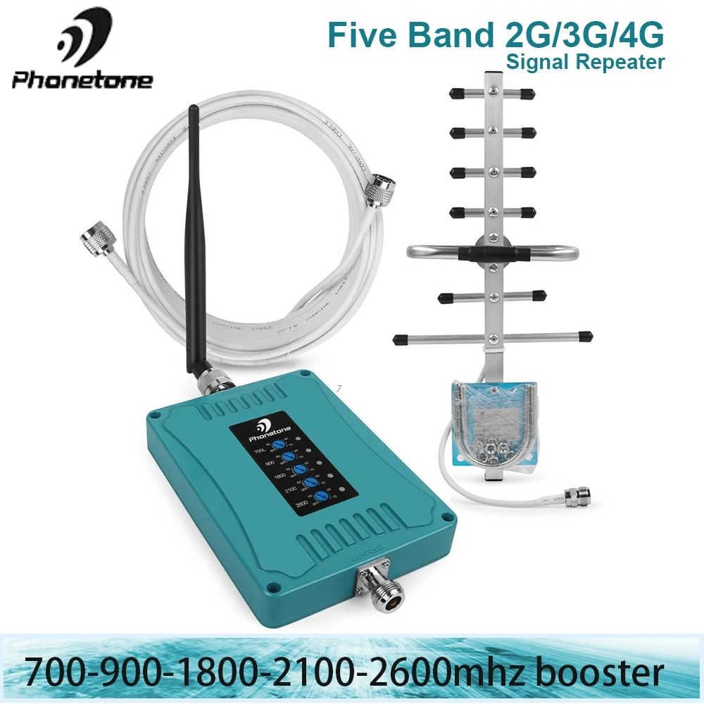 

Mobile Five Band Amplifier gsm 4g 2g 700 900 1800 2100 2600 GSM Repeater DCS WCDMA 2G 3G 4G LTE Cellular Signal Booster Repeater