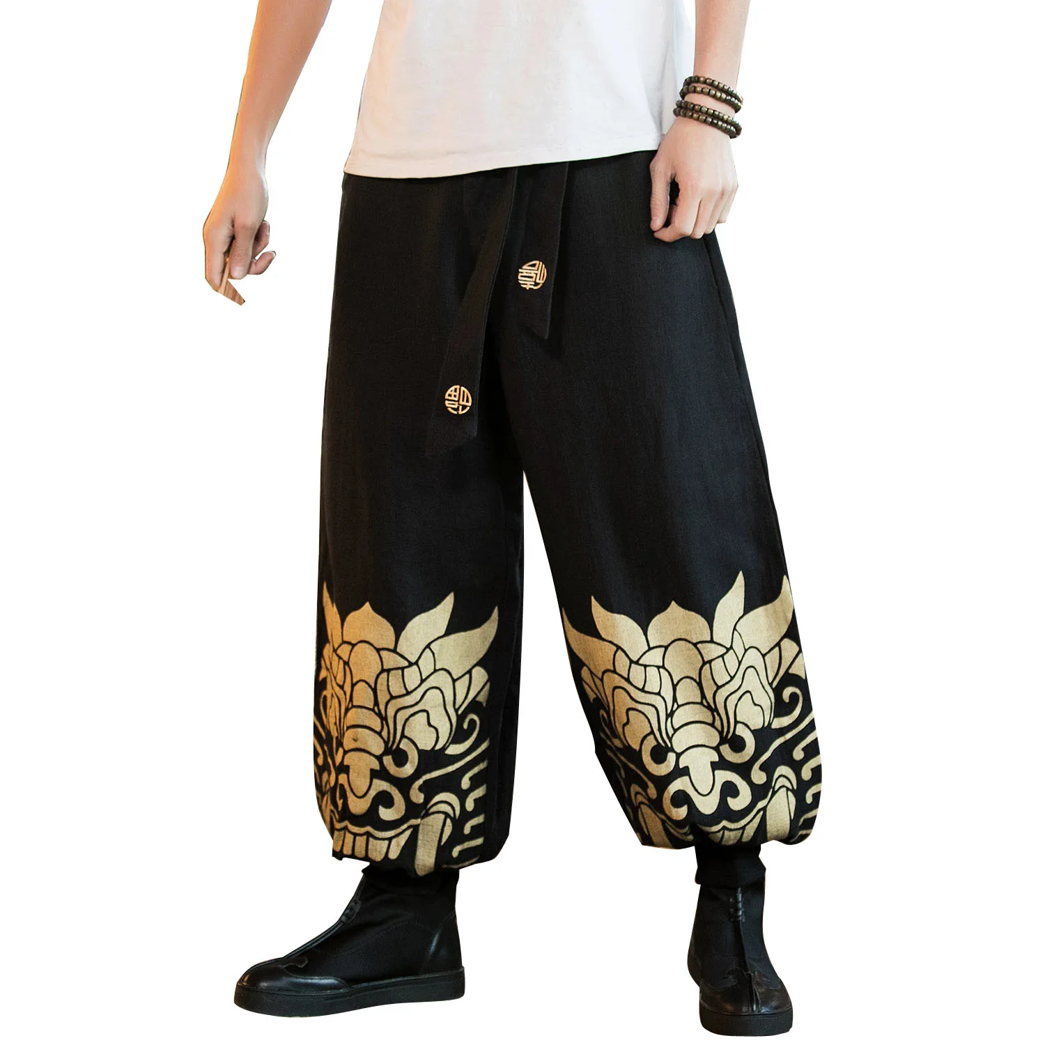 Pantalons Noir Sarouel Style De Imprimé Chinois Hommes Pantalon Large Coton Mode Décontractés Lin Jambe Mâle wfXBnqHFU