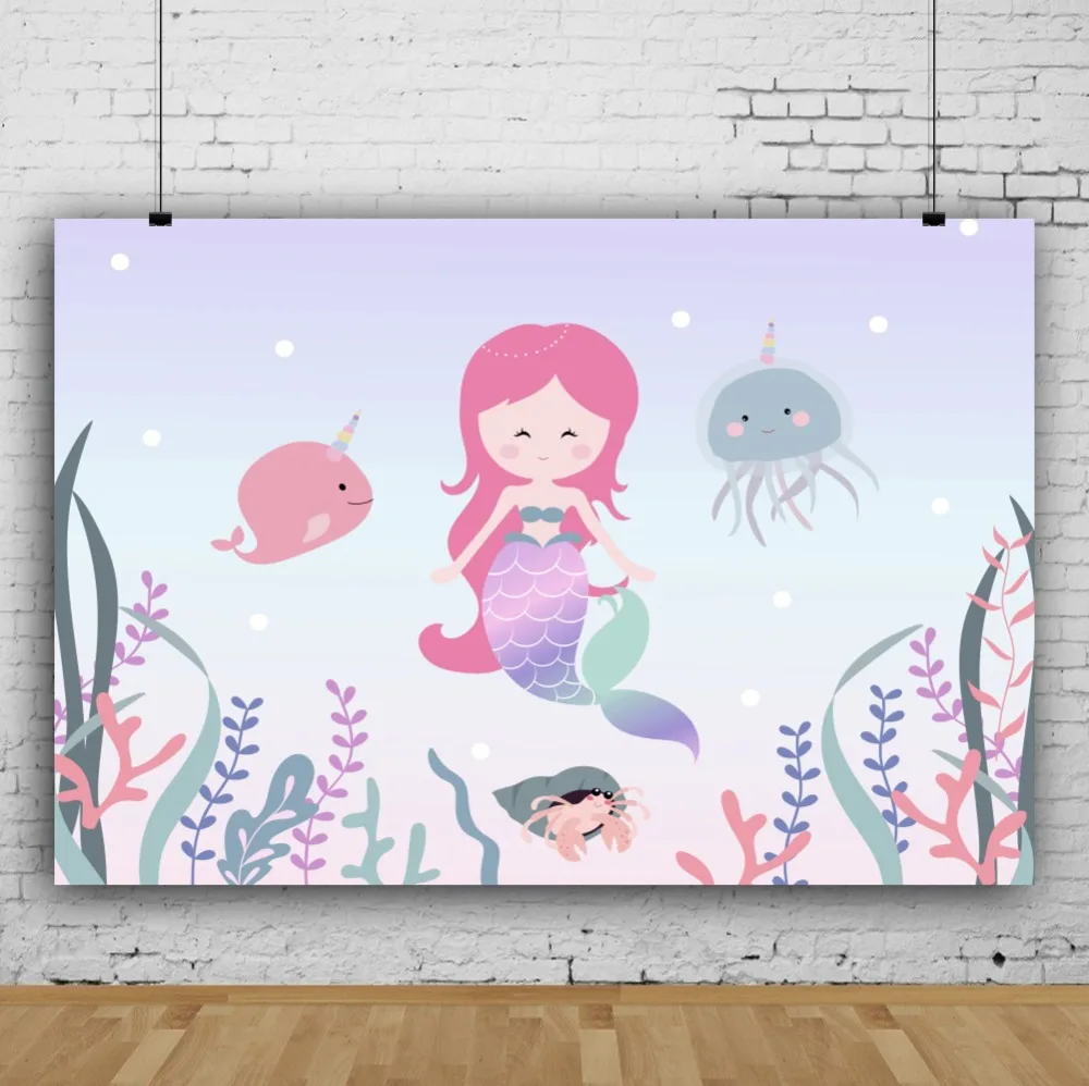 Laeacco Mermaid Cartoon Underwater Creature Baby Photography Background Customized Photographic Backdrops Props For Photo Studio