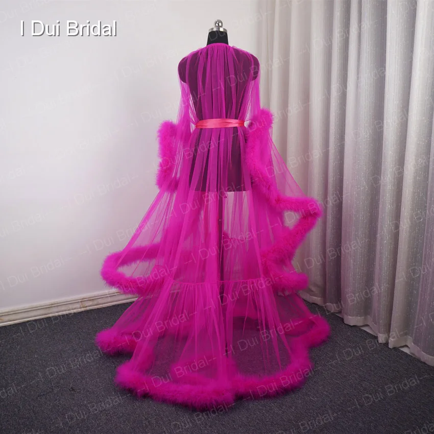 Fuchsia Feather Tulle Evening Dress Long Sleeve Robe Scarf Party Gown School Dance Dress Fuchsia Feather Tulle Evening Dress Long Sleeve Robe Scarf Party Gown School Dance Dress