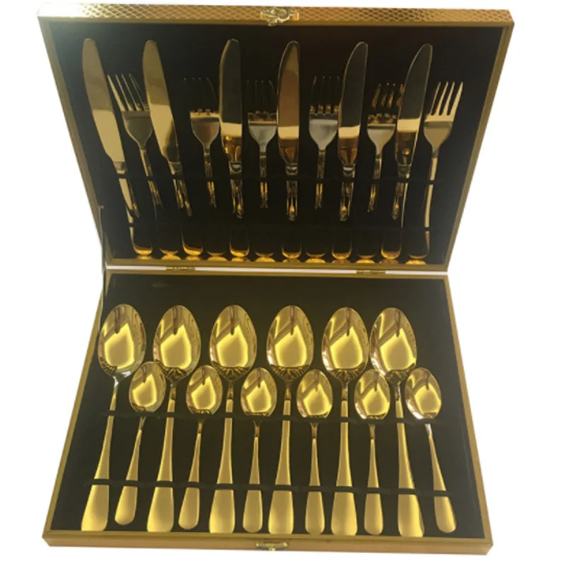 

Wooden Box Cutlery Set Titanium-Plated Multi-Person 24 Pieces Of High-End Hotel Supplies Gift Tableware