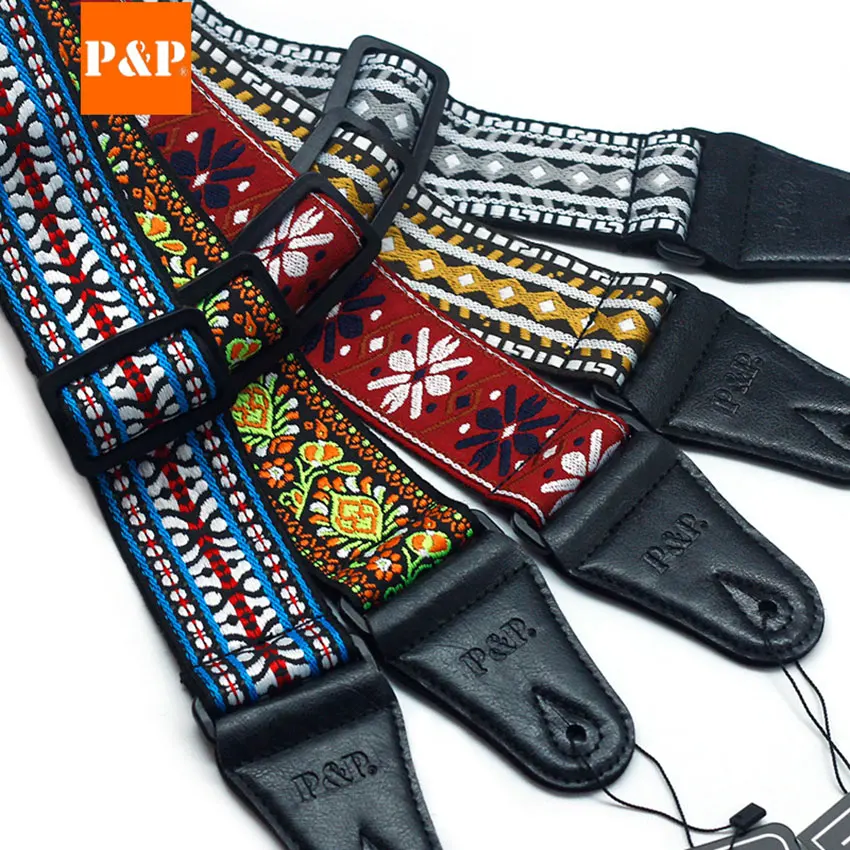 

P&P Adjustable Vintage Flowers Stripes Acoustic Electric Guitar Strap Belt Cotton Woven Embroidery Fabrics Leather Ends Strap