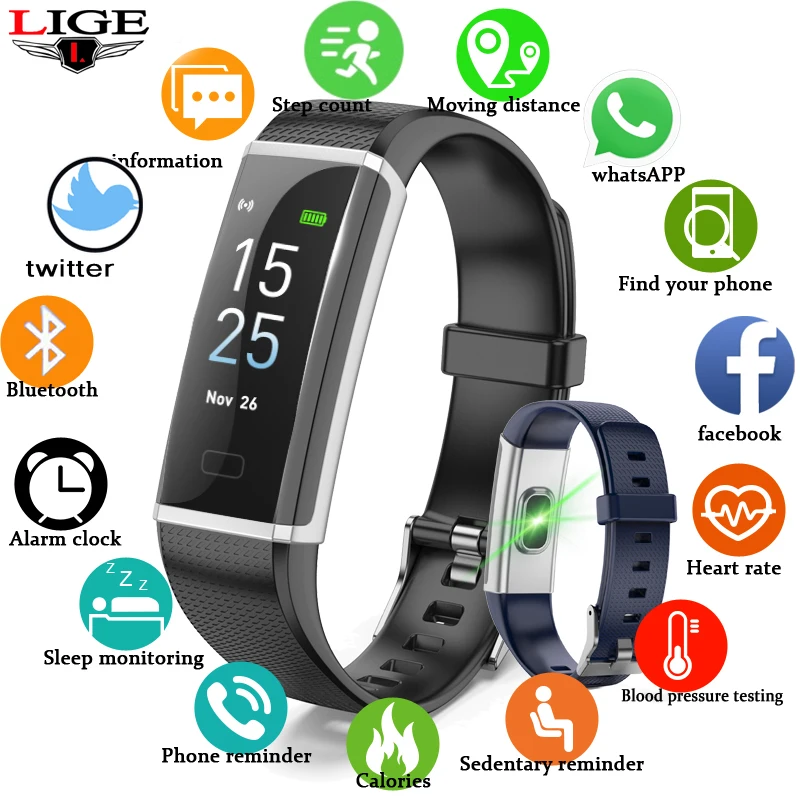 

LIGE Sports Smart Bracelet IP68 Waterproof Watch Blood Pressure Heart Rate Monitor Pedometer Fitness Wristband For Android ios