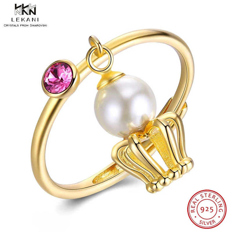 

LEKANI Crystals From Swarovski Rings 925 Gold-plated crown pearl adjustable ring Ladies Gold Red Crystal Ring Gift jewellery