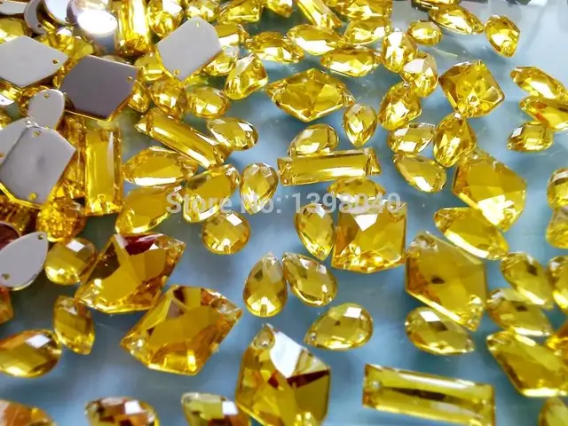 Free shipping mixed loading shape mixed size golden yellow rhinestones sew  on crystal flatback loose beads 300pcs/lot