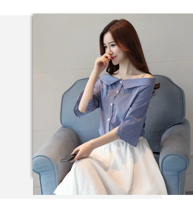 2018 Summer Off Shoulder Blouse Women Shirts Striped Slash Neck Tops Female Korean Fashion Rayas Chemisier Femme Blusas (3)