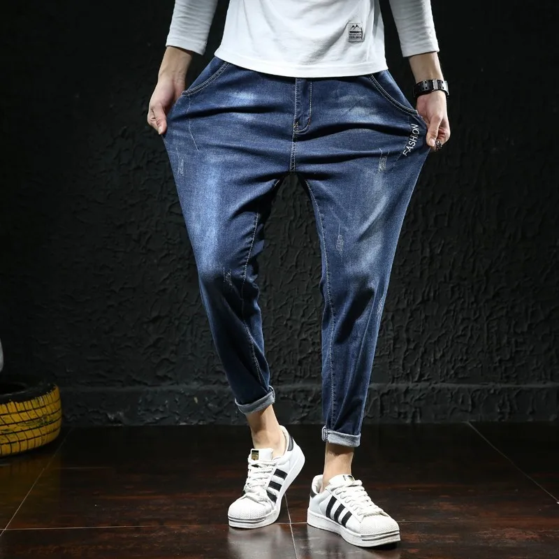 High Elasticity Elasticated Waist Ankle-Length Baggy Pantacourt Pantalon Homme Jean Stretch Men Mens Jeans Hombre Biker Denim