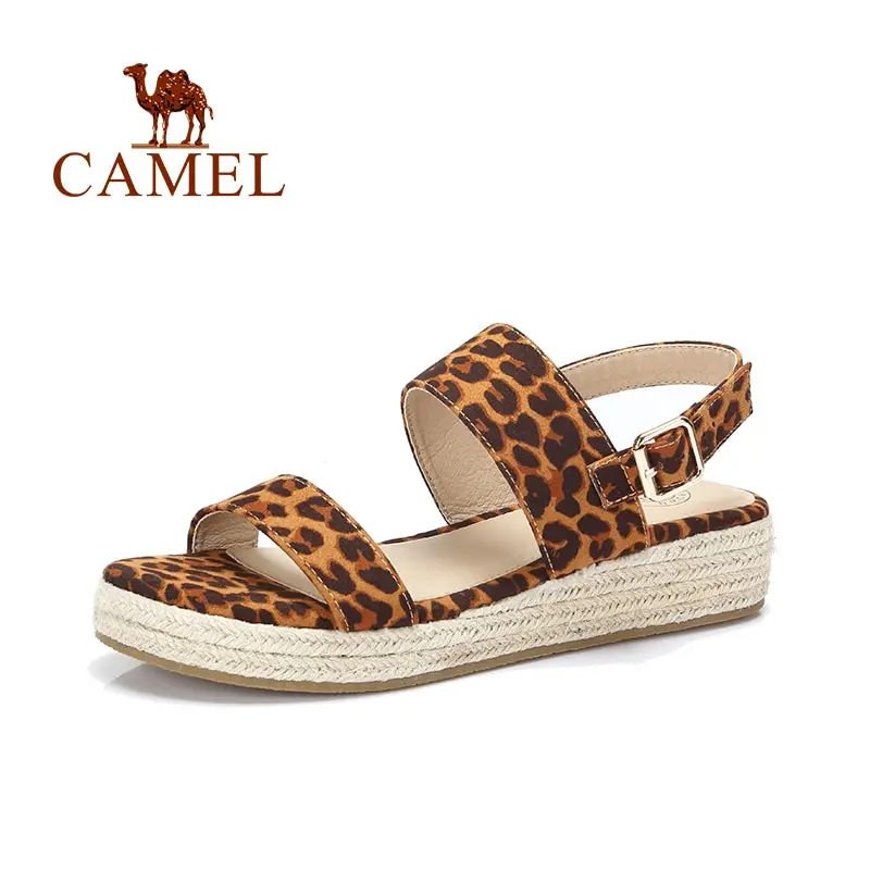 CAMEL/женские сандалии; леопардовые сандалии на танкетке; женская повседневная обувь на плоской подошве; летние сандалии для женщин; пляжная обувь с ремешком и пряжкой