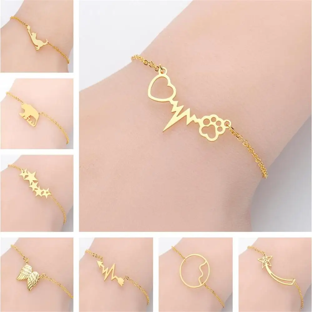 

QIAMNI Handmade Bear Cat Dog Paw Feet Star Electrocardiogram Wings Wave Bracelet Bangle Women Girls Party Birthday Gift Pulsera