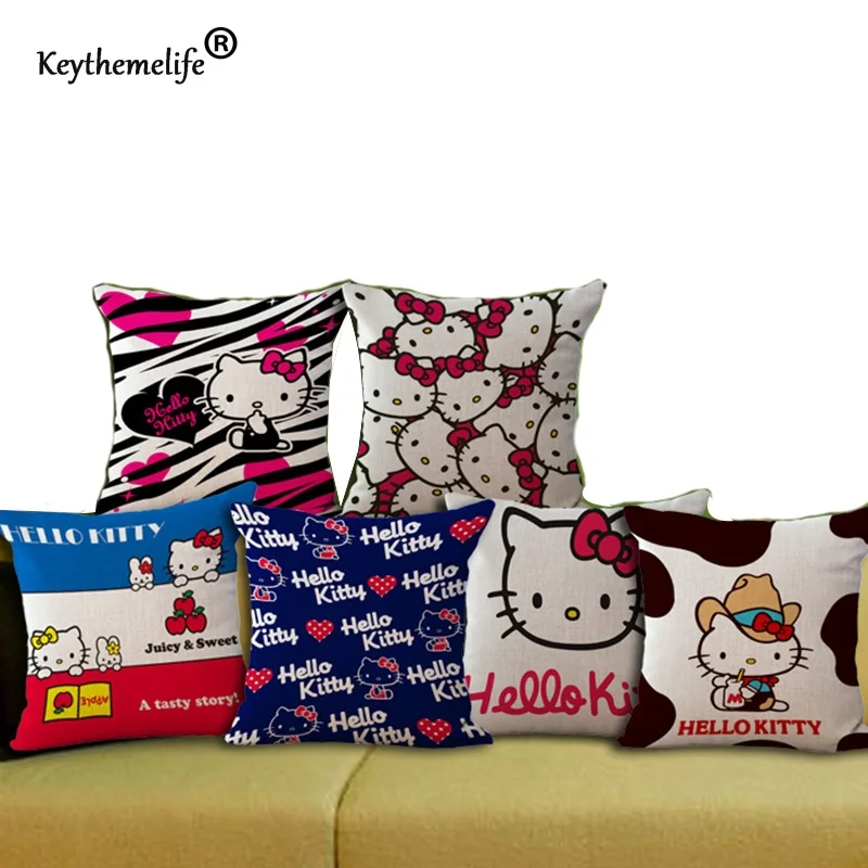 

Home Office Sofa Decor Throw Pillow Cover 45*45cm Hello Kitty Household Pillowcase Cushion Linen Fabric B