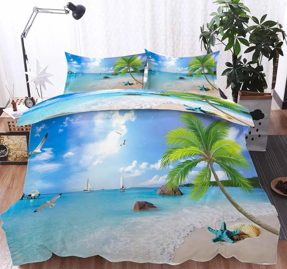 

custom Sunny beach coconut trees Bedding Duvet Cover Set Pillowcase Microfiber Soft Comforter Bedroom Single Queen King