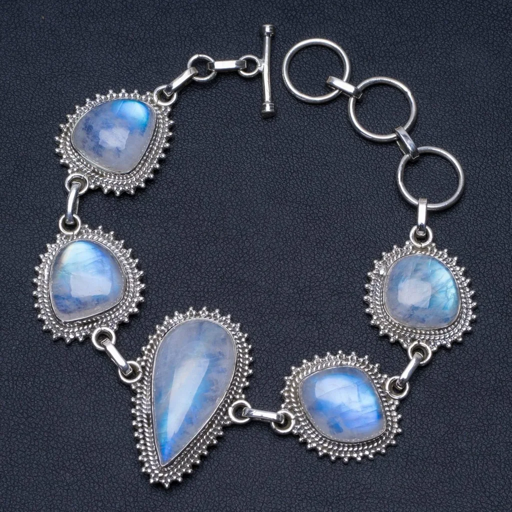 

Natural Rainbow Moonstone Unique Punk Style 925 Sterling Silver Bracelet 6 3/4-7 3/4" P2326