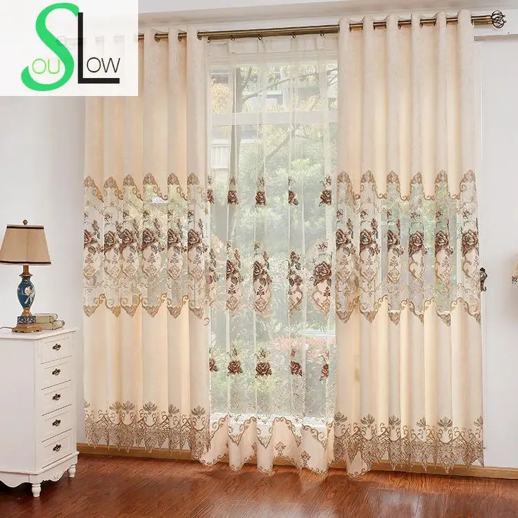 European Garden Chenille Embroidery Curtain Fabric With Hollow Yarn For