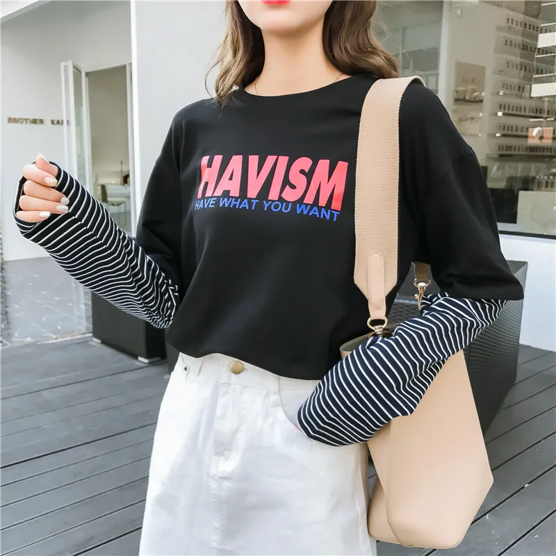 Осенняя Повседневная футболка с длинным рукавом, женские топы, корейский стиль, женская футболка с буквенным принтом в полоску, сшитая фальшивая футболка из двух частей - Цвет: MaY 3309