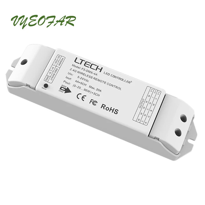 

LTECH F5-DMX-4A DMX Power Driver DC5-24V 5 Channel Output work with L-Bus System Dimming/CT/RGB/RGBW DMX512 Wireless Driver