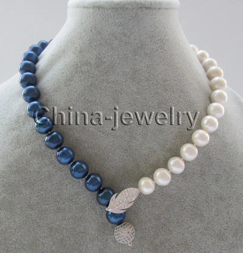 

18" 11-12mm natural white + blue round freshwater pearl necklace>>>hot Sell necklace pendant Free shipping