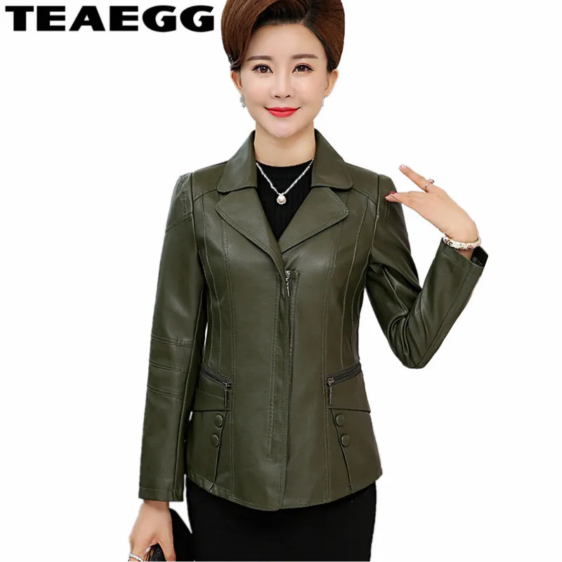 TEAEGG Vintage PU Leather Jacket Women Faux Leather Jackets Dark Green