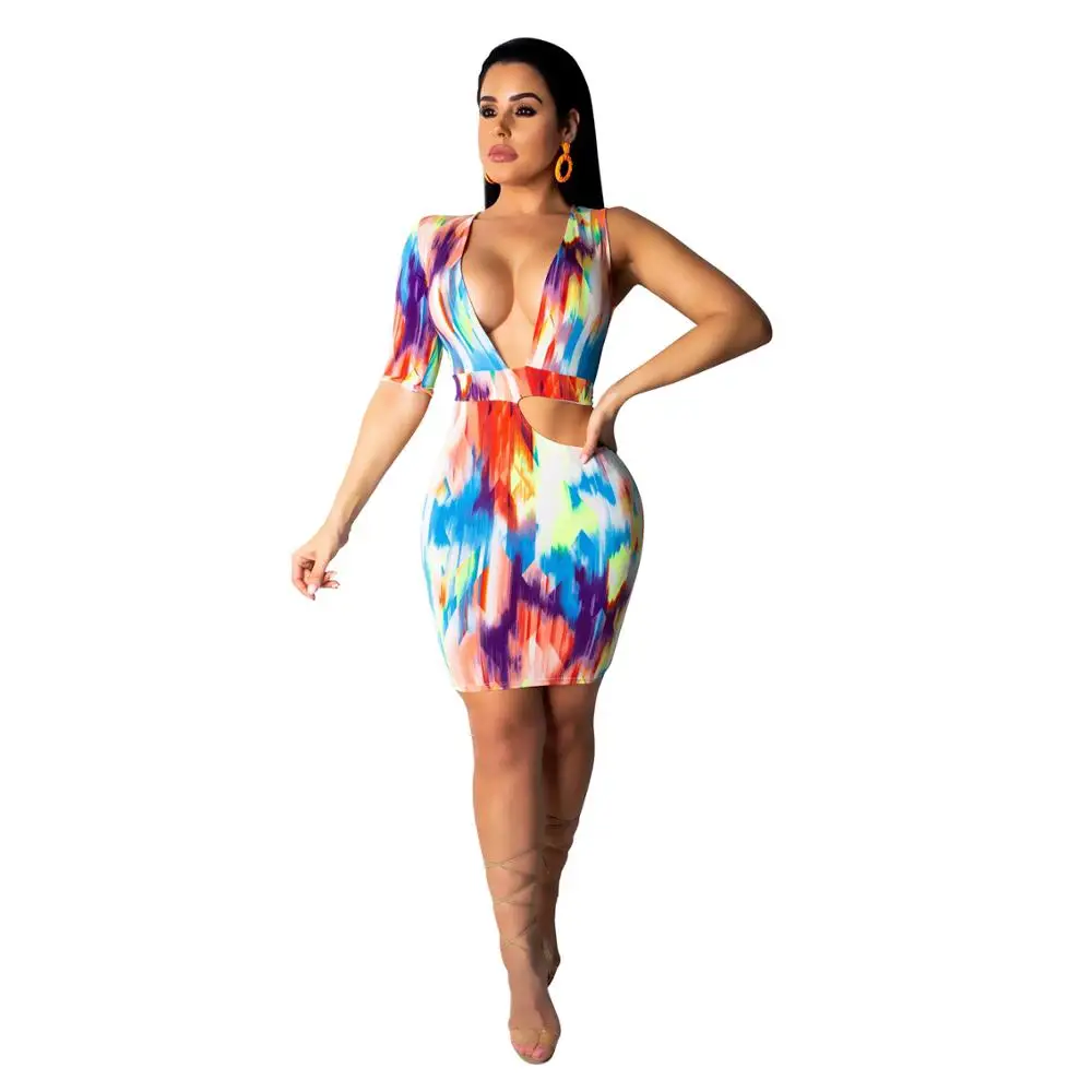 

Women Dresses Sexy Summer Color Tie-Dyed Openwork Single-Sleeve Dress Irregular Female Deep V Sundress Nightclub Vestidos Casual