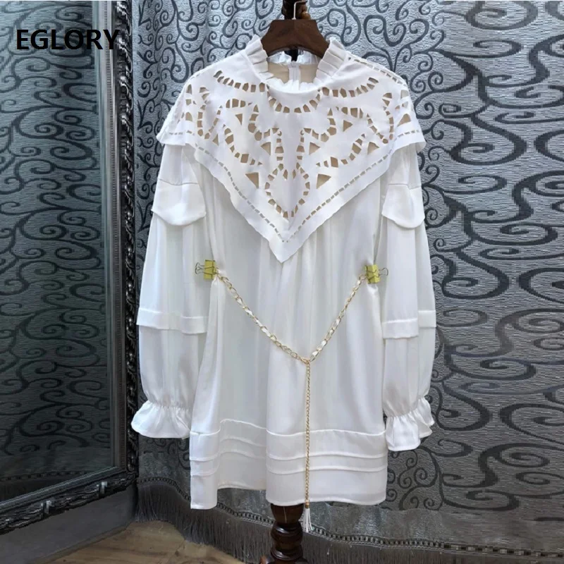

2019 Spring Fashion Dresses Women Ruffled Collar Hollow Out Patterns Golden Chain Belt Patchwork Long Sleeve White Black Dress