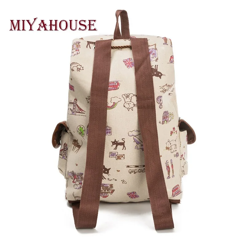  Miyahouse Casual Canvas School Backpack Women Lovely Cat Printed Drawstring Backpack Teenager Large - 32823779337